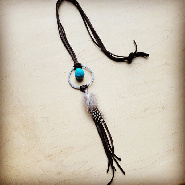 Brown Leather Necklace Blue Turquoise Spot Feather - lolaluxeshop
