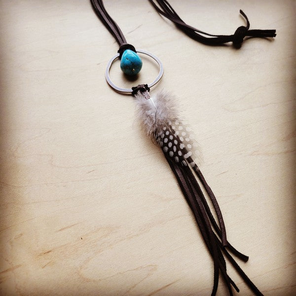 Brown Leather Necklace Blue Turquoise Spot Feather - lolaluxeshop