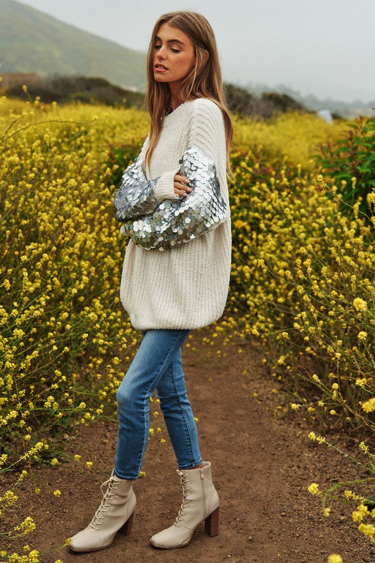 Sequin Sleeve Sweater Knit Tunic Top - lolaluxeshop