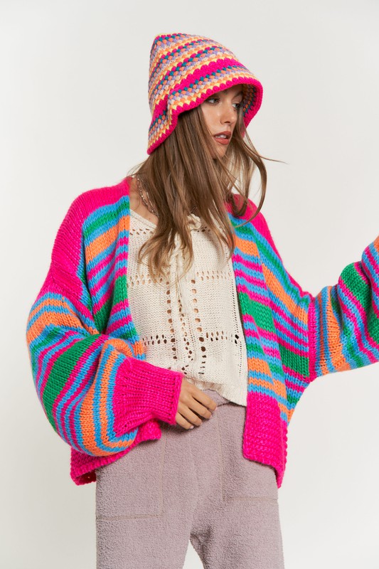 Chunky Knit Multi-Striped Open Sweater Cardigan - lolaluxeshop