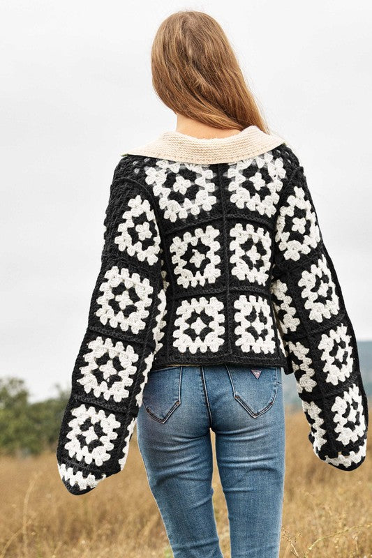 Two-Tone Floral Square Crochet Open Knit Cardigan - lolaluxeshop