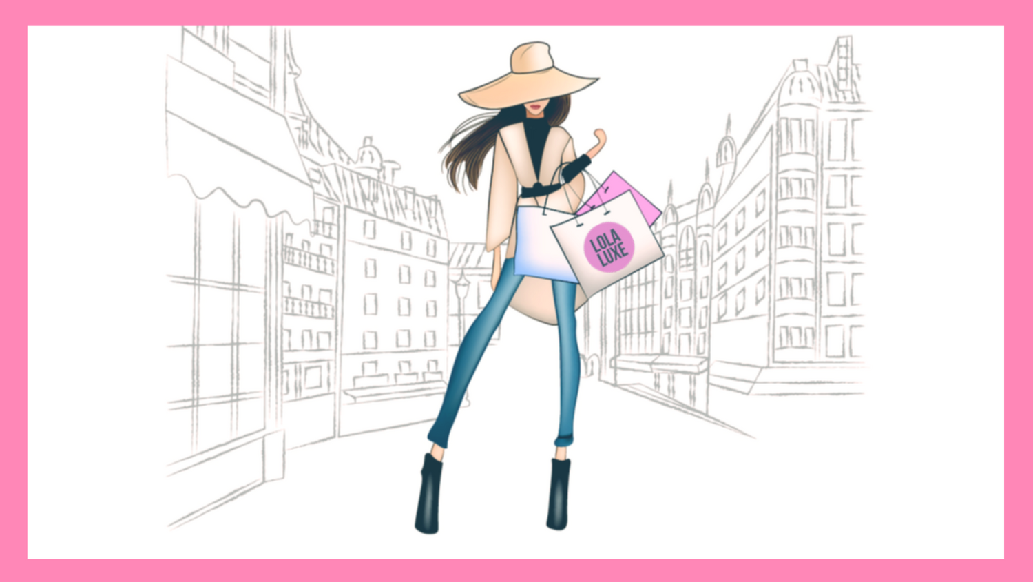 LOLA LUXE SHOP illustration of a young woman with long brunette hair blowing in the wind with a floppy brim light beige hat on, a tan car coat with a belt, skinny blue jeans and black ankle boots with a pink border.