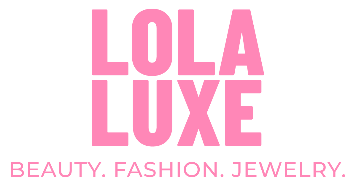 LOLA LUXE BEAUTY.FASHION. JEWELRY. Logo. White background. Pink Letters.