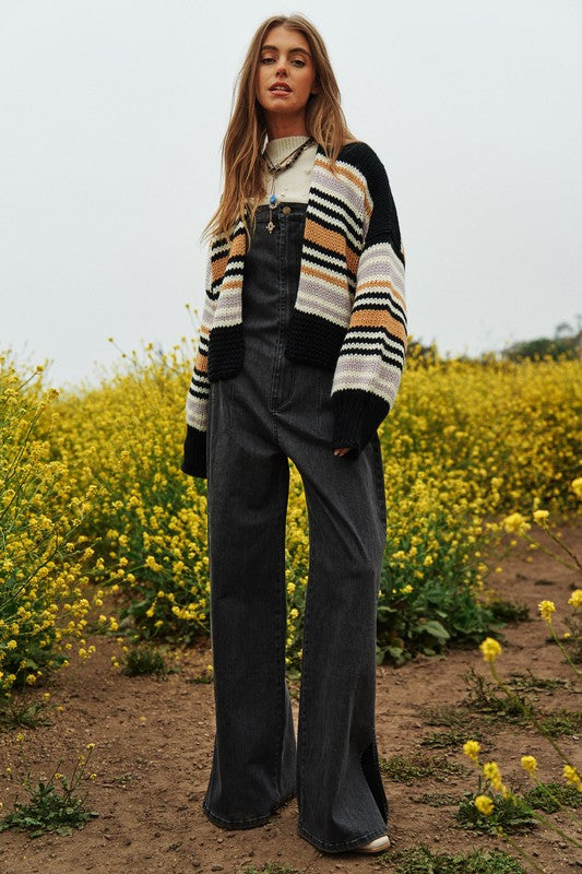 Chunky Knit Multi-Striped Open Sweater Cardigan - lolaluxeshop