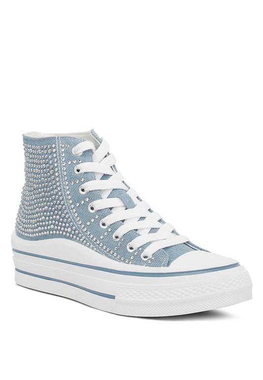 Asuka Rhinestone Embellished Ankle  Denim Sneakers - lolaluxeshop