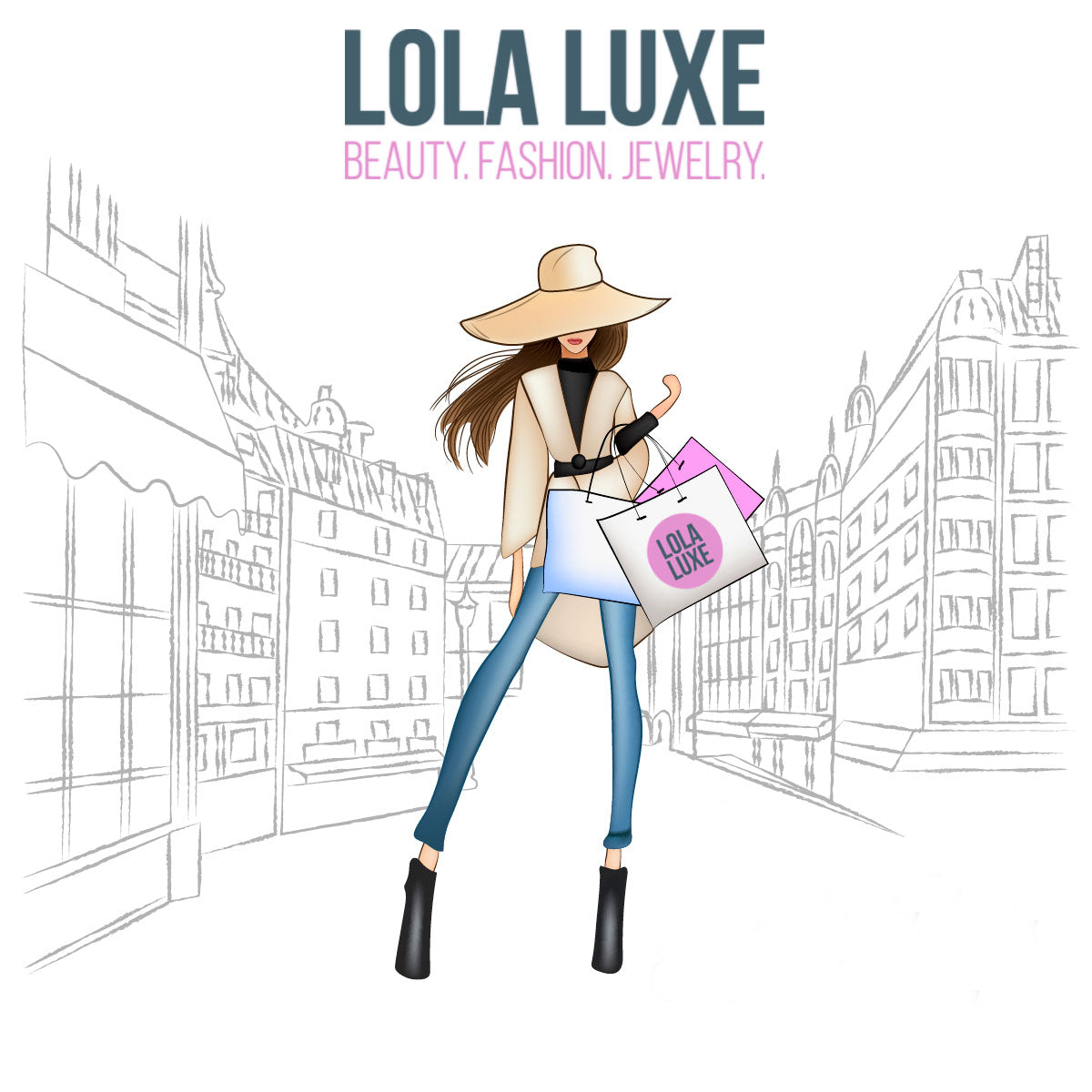 LOLA LUXE SHOP illustration of a young woman with long brunette hair blowing in the wind with a floppy brim light beige hat on, a tan car coat with a belt, skinny blue jeans and black ankle boots. The illustration says LOLA LUXE BEAUTY. FASHION. JEWELRY