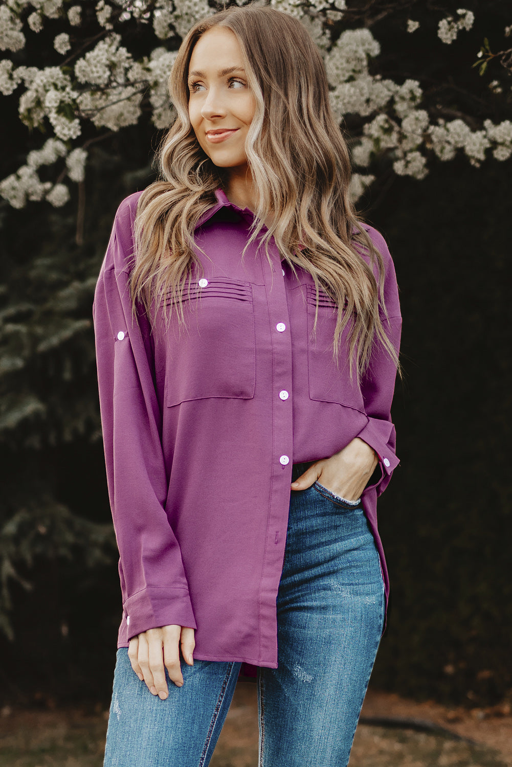 Button-Up Roll-Tab Sleeve Shirt - LOLA LUXE