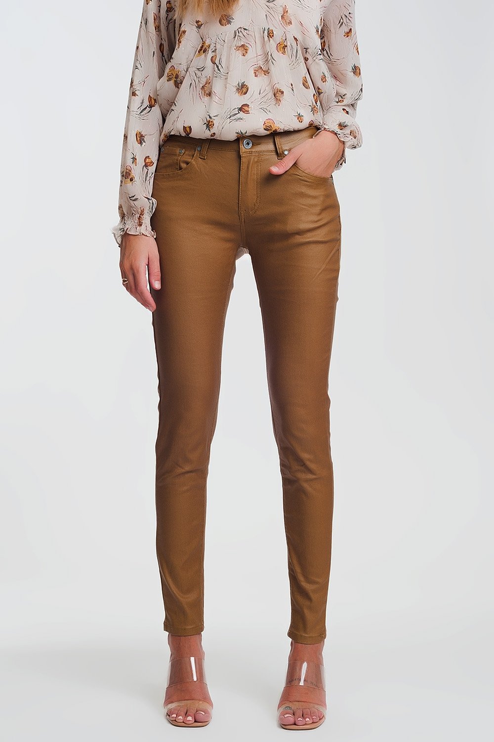 Coated Skinny Pants in Camel - LOLA LUXE