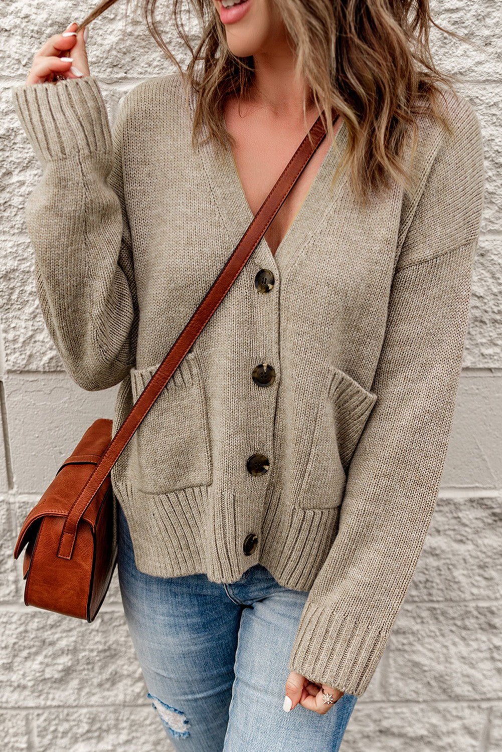Ribbed Trim Button Down Cardigan with Pockets - LOLA LUXE