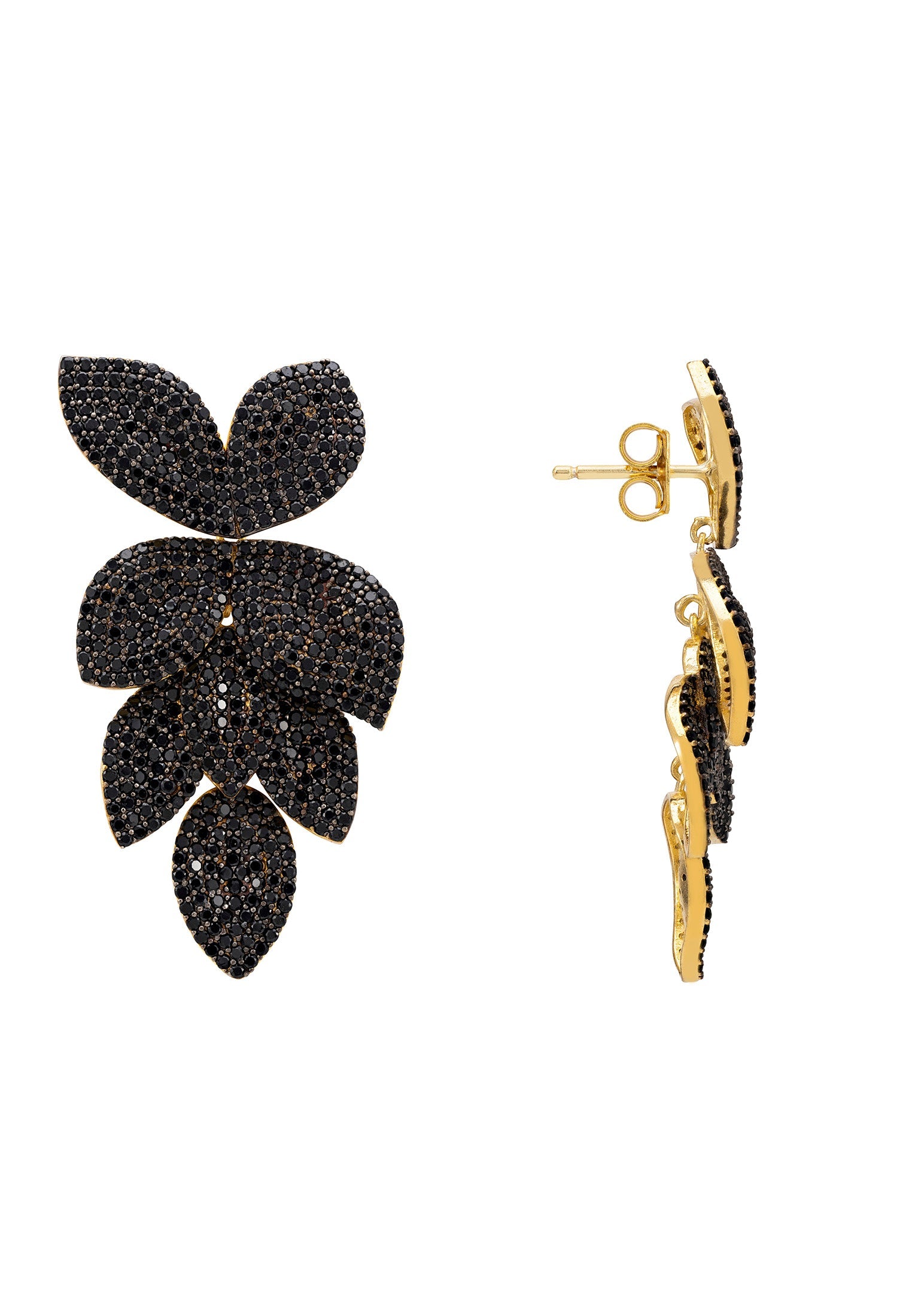 Petal Cascading Flower Earrings Gold Black Cz - lolaluxeshop
