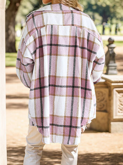Plaid Button Up Dropped Shoulder Shacket - lolaluxeshop