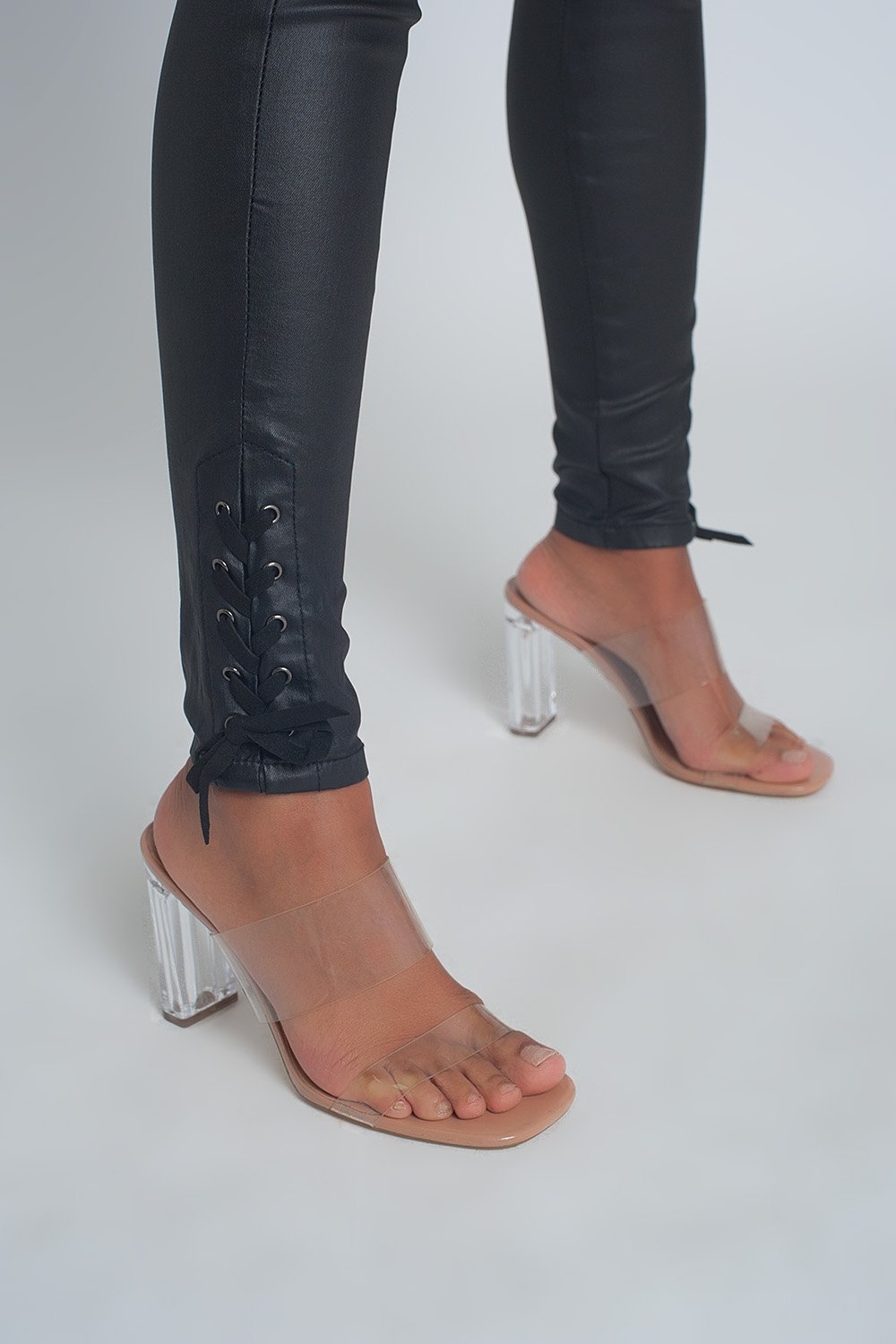 Black Leather Effect Trousers With Hem Lace-Up - LOLA LUXE