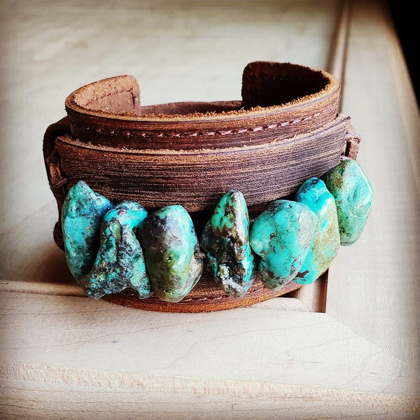 Leather Cuff with Large Natural Turquoise Chunks - lolaluxeshop