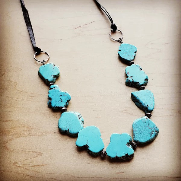 Blue Turquoise Slab Necklace with Leather Ties - lolaluxeshop