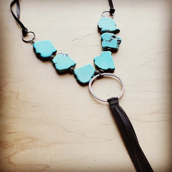 Turquoise Slab Necklace w Genuine Leather Tassel - lolaluxeshop