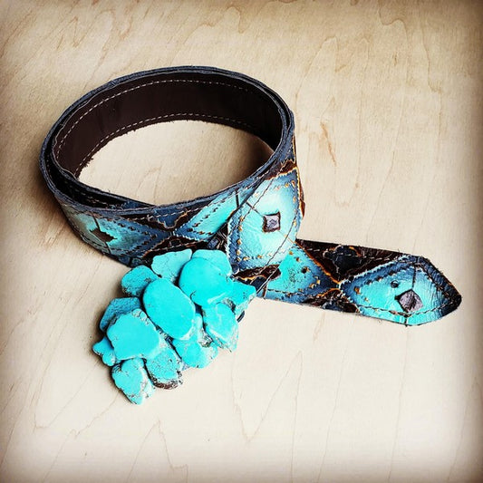 Blue Navajo Leather Belt w/ Turquoise Slab Buckle - lolaluxeshop