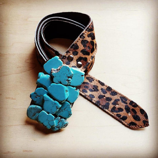 Leopard Leather Belt Turquoise Slab Belt Buckle - lolaluxeshop