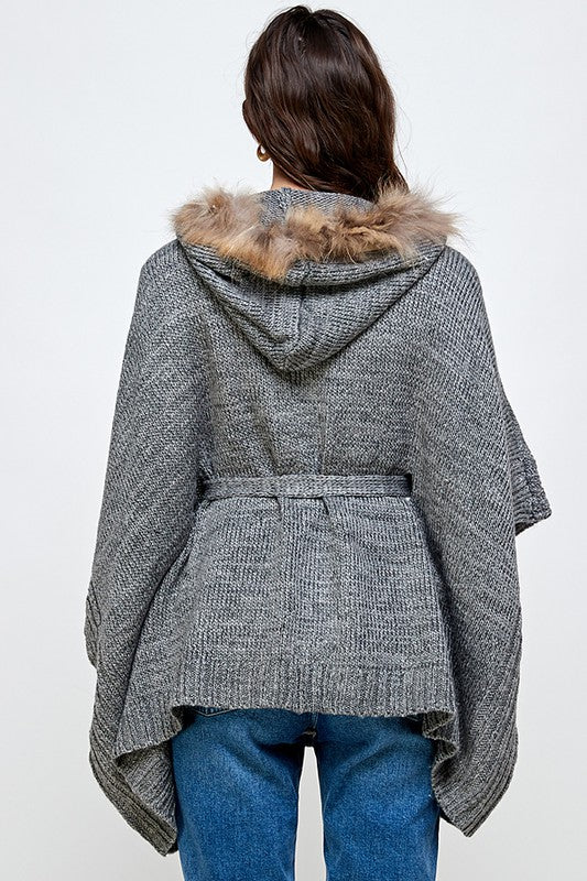 Hoodie Sweater Cardigan Poncho Fur Trim Top - LOLA LUXE
