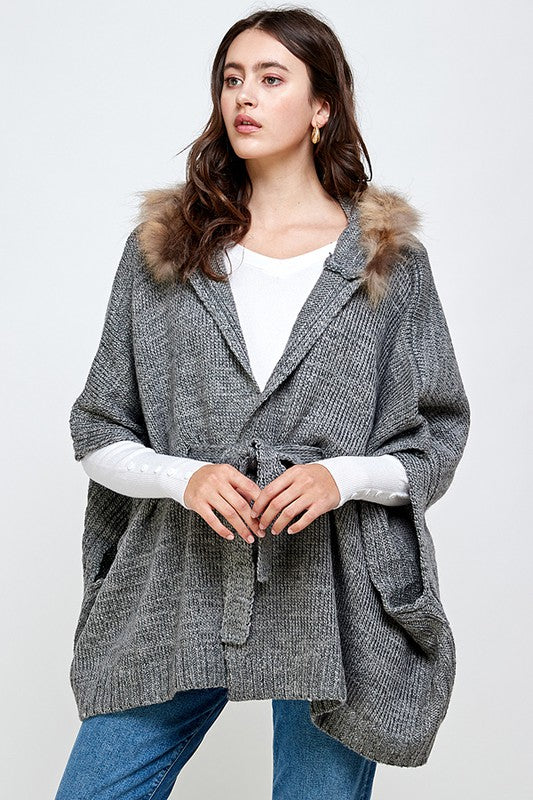 Hoodie Sweater Cardigan Poncho Fur Trim Top - LOLA LUXE