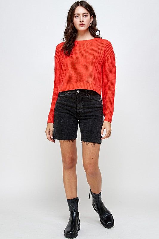 Waffle Knitted Cropped Sweater Top - LOLA LUXE