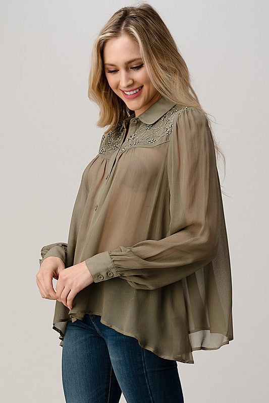 Mesh Blouse Shirt Top with Beaded Jewel Trim - LOLA LUXE