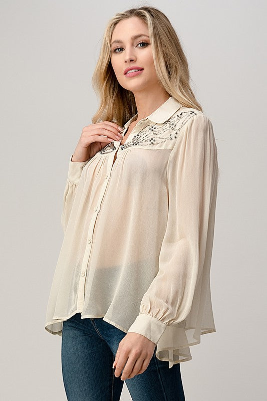 Mesh Blouse Shirt Top with Beaded Jewel Trim - LOLA LUXE