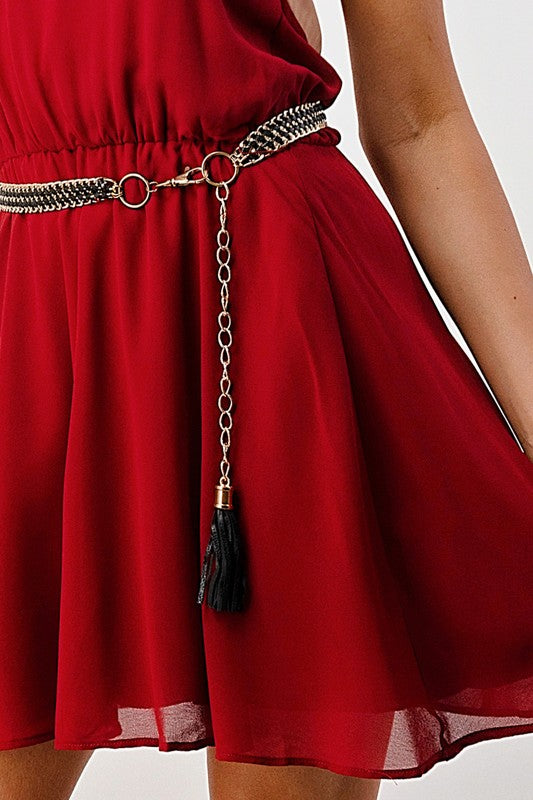 Wine Color Block Dress With Chain Belt - LOLA LUXE