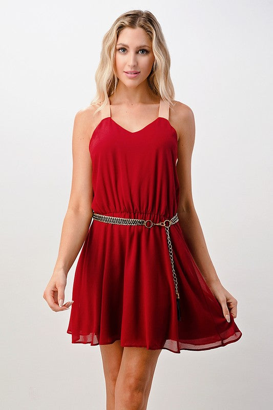 Wine Color Block Dress With Chain Belt - LOLA LUXE