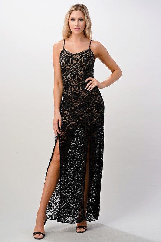 Front Slit Lace Maxi Dress - LOLA LUXE