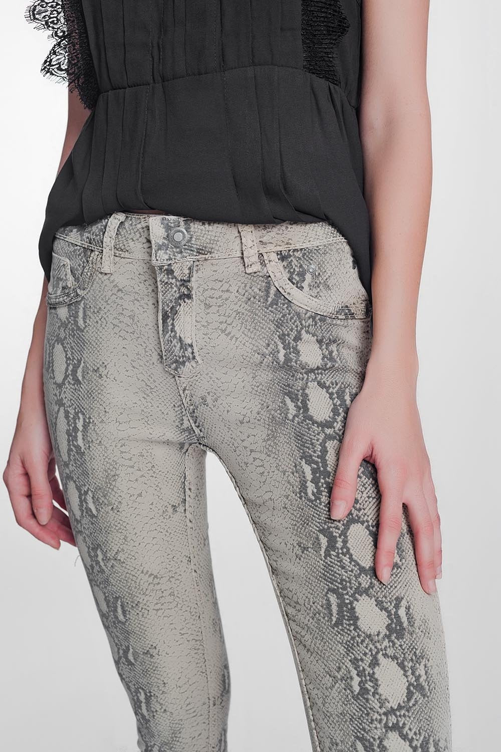 Beige Super Skinny Reversible Pants With Snake Print - LOLA LUXE