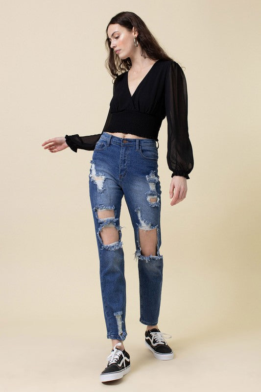 High Rise Distressed Mom Jean - LOLA LUXE