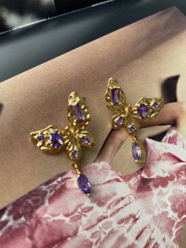 Vintage style purple butterfly crystal earring - LOLA LUXE