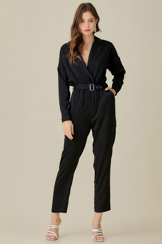 BELTED WAIST COLLARED SATIN JUMPSUIT - LOLA LUXE
