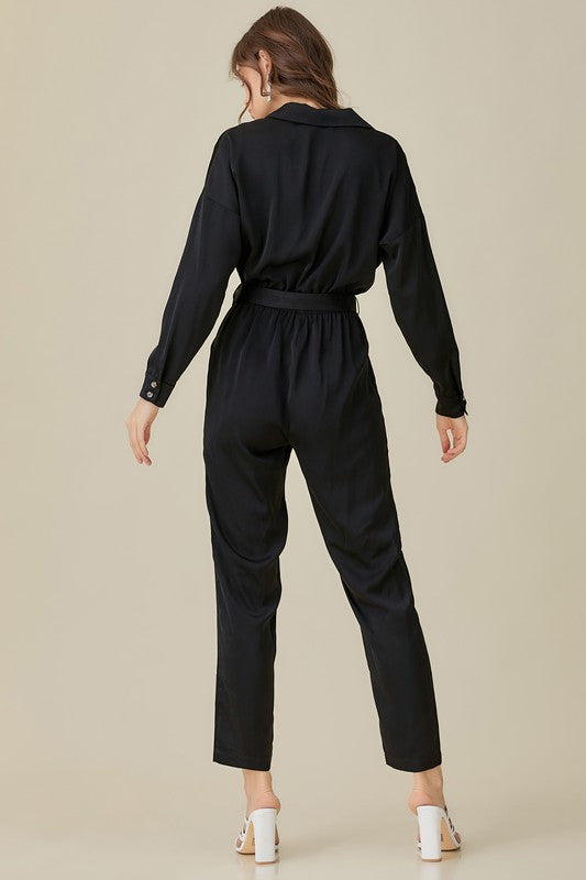 BELTED WAIST COLLARED SATIN JUMPSUIT - LOLA LUXE