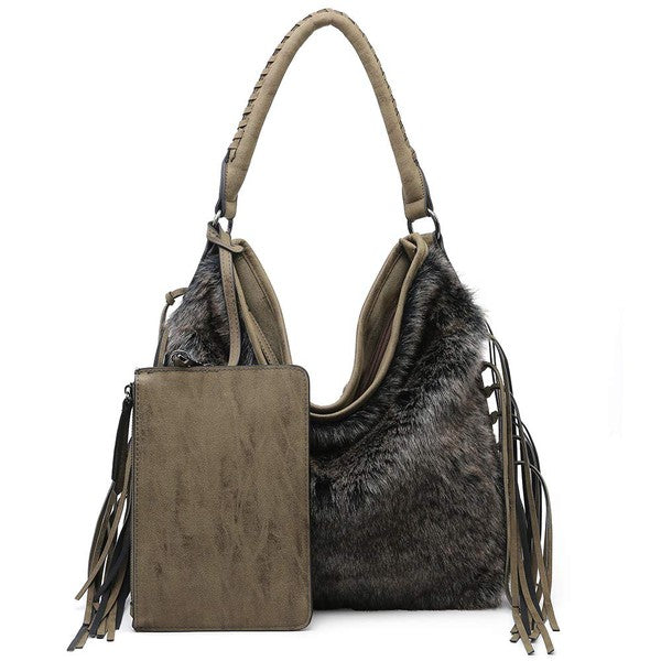Oversize Hobo Bag for Women Fringe Fur purse - lolaluxeshop