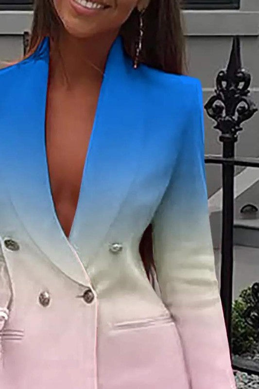 DOUBLE BREASTED OMBRE COLORBLOCK BLAZER DRESS - lolaluxeshop