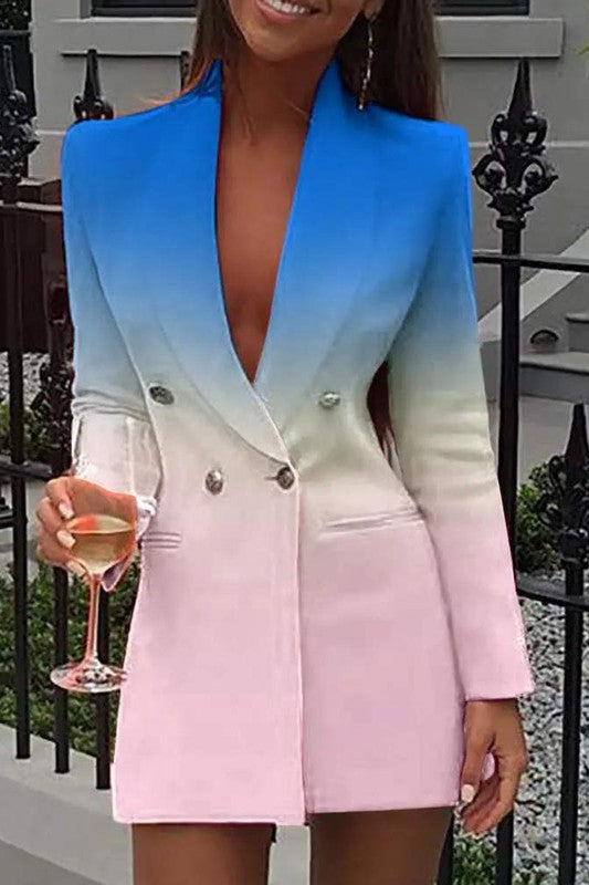 DOUBLE BREASTED OMBRE COLORBLOCK BLAZER DRESS - lolaluxeshop