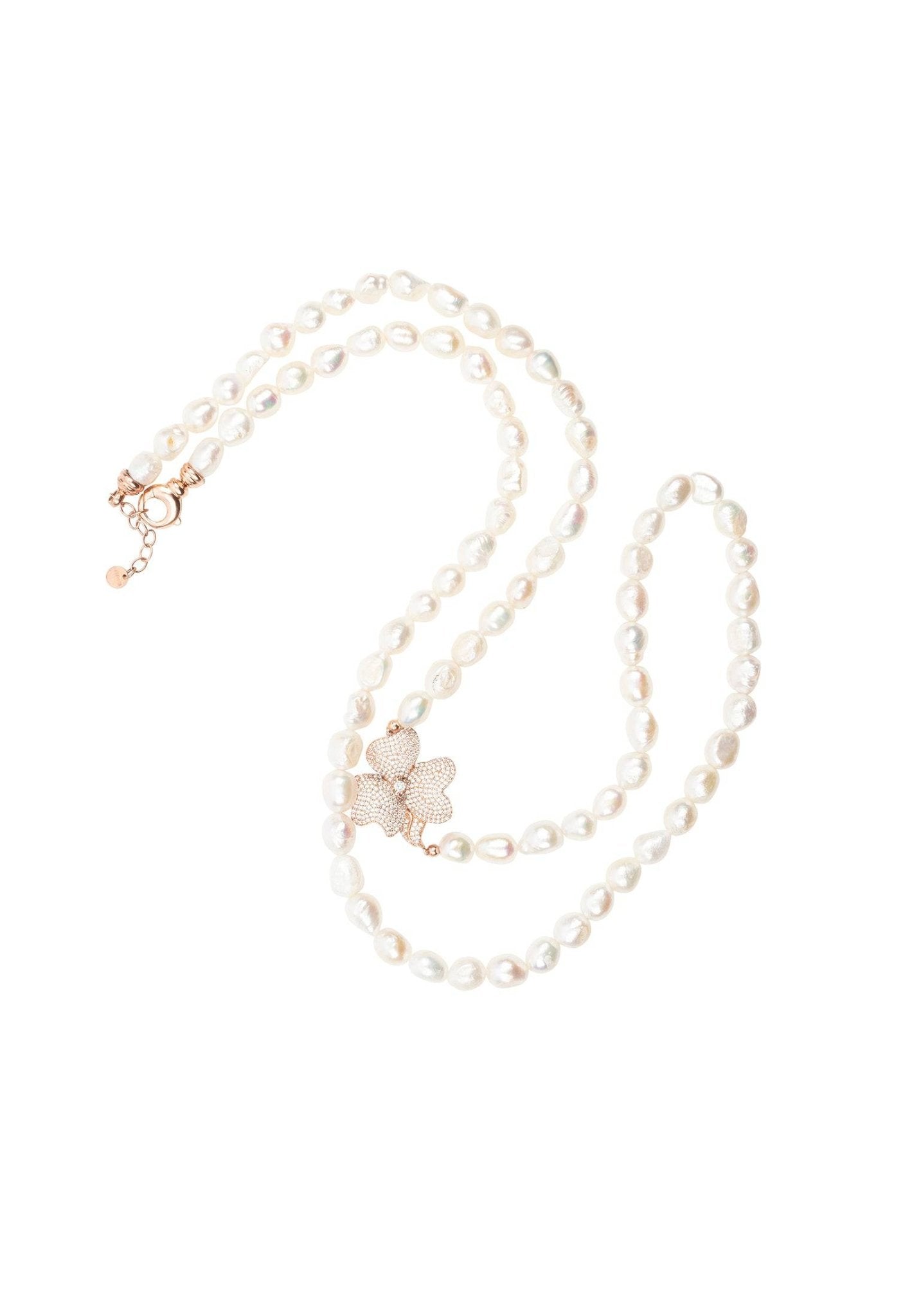 Flower Pearl Gemstone Long Necklace White Cz Rosegold - lolaluxeshop