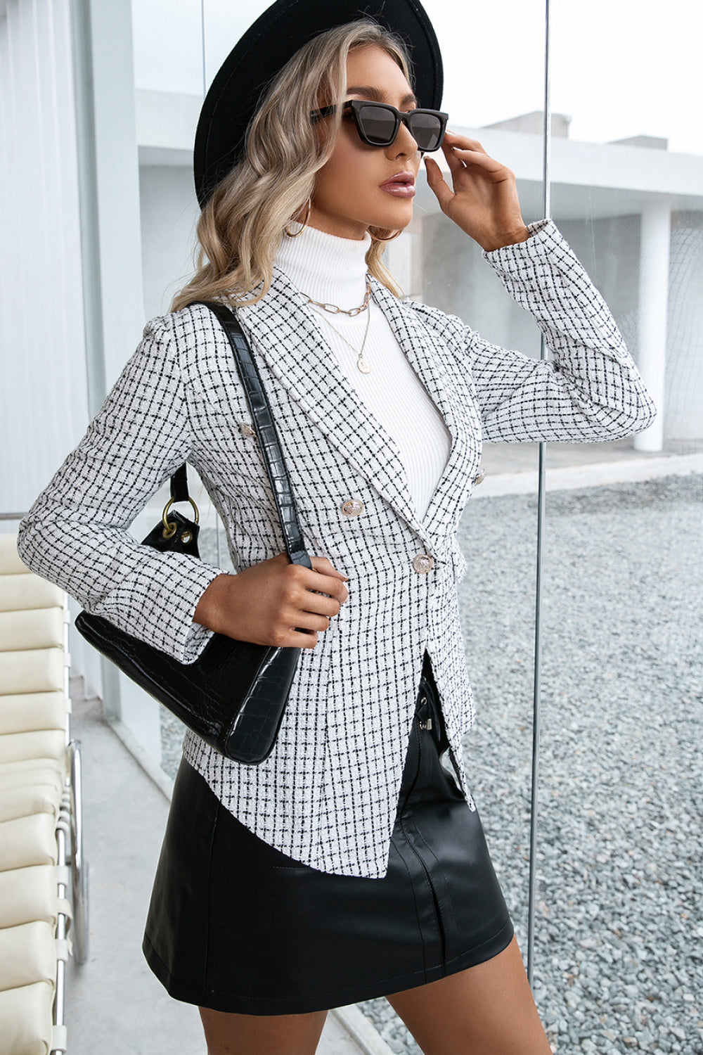 Plaid Double Breasted Long Sleeve Coat - LOLA LUXE
