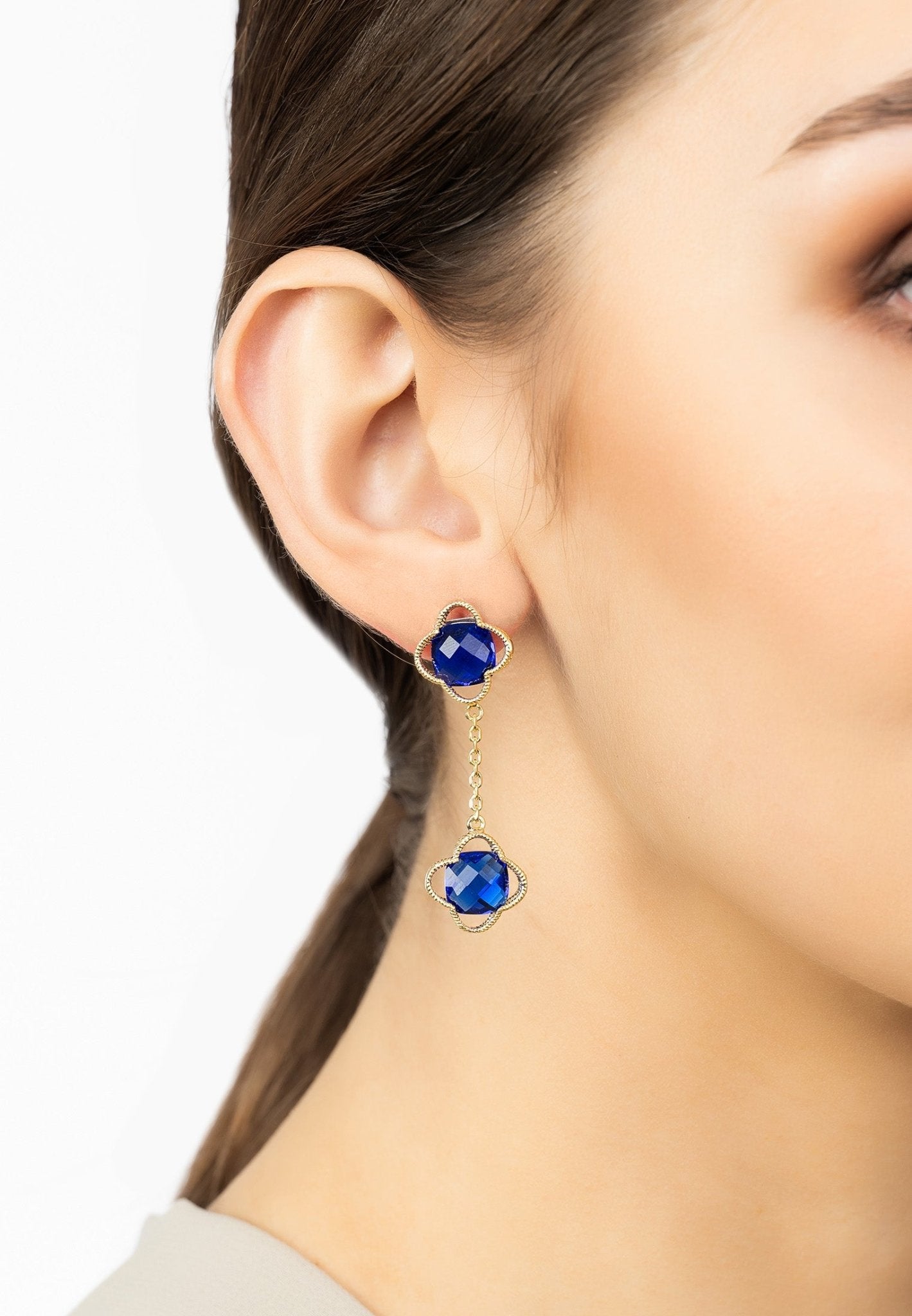 Open Clover Double Drop Earrings Gold Sapphire - lolaluxeshop