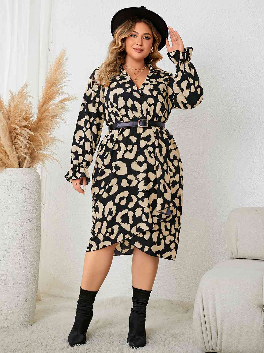 Plus Size Leopard Surplice Neck Flounce Sleeve Dress - lolaluxeshop