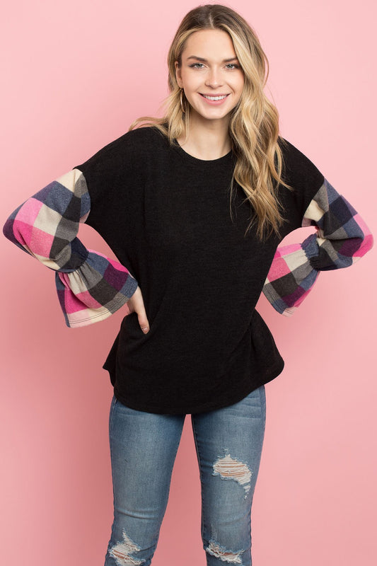 Plaid Bell Sleeves Mier Sweater - LOLA LUXE