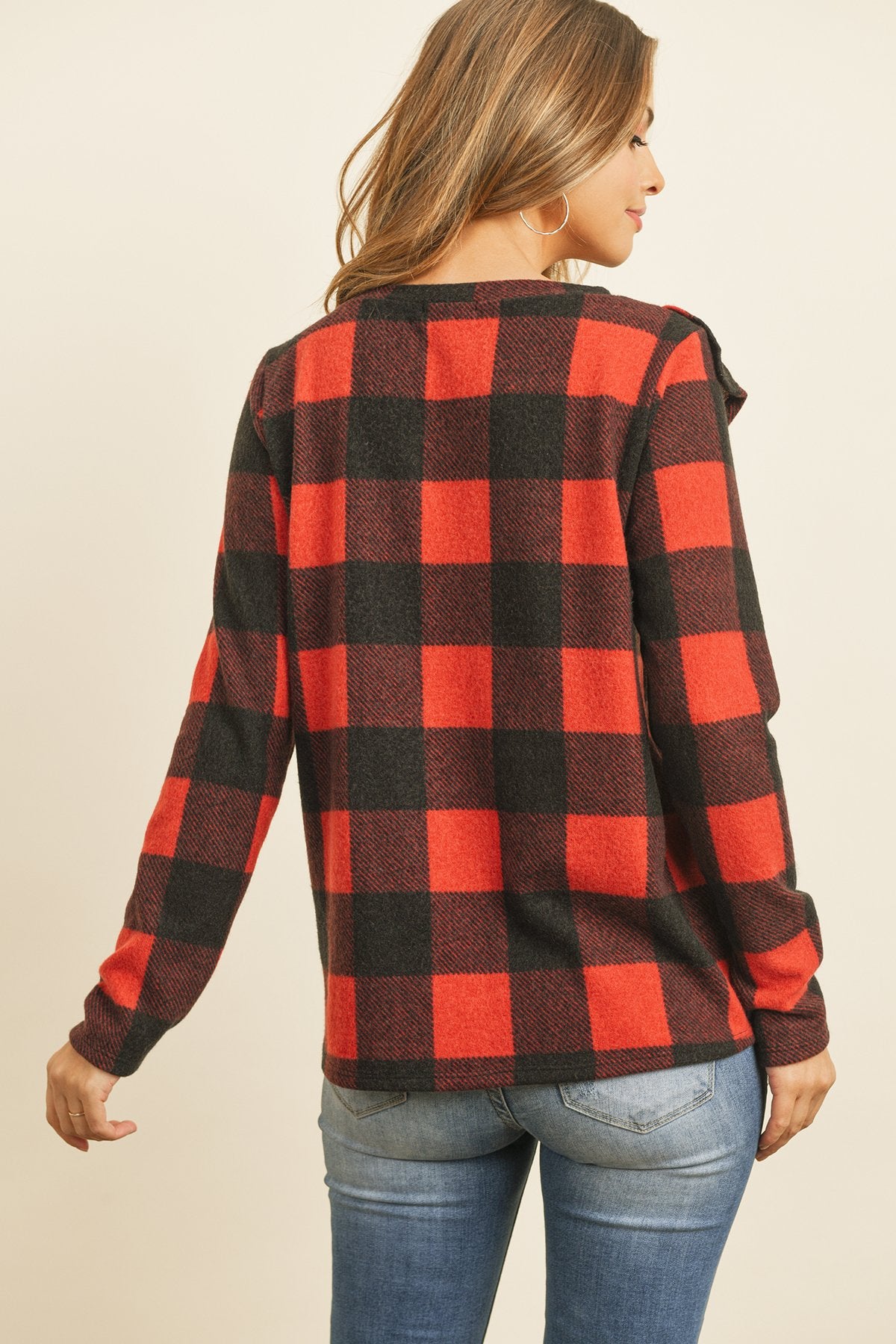 V-Shaped Brushed Plaid Ruffle Detail Long Sleeve Top - LOLA LUXE
