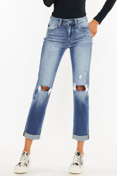 Kancan High Waist Distressed Hem Detail Cropped Straight Jeans - lolaluxeshop