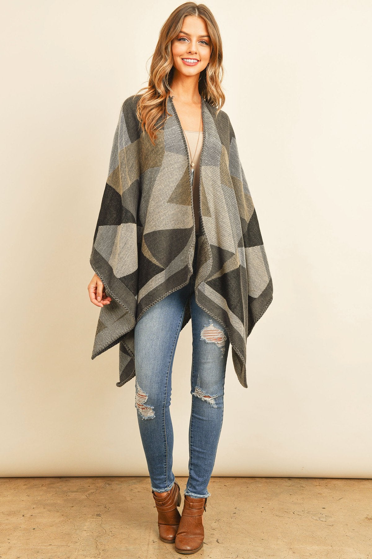 Hdf3149br - Brown Abstract Pattern Open Front Kimono - LOLA LUXE