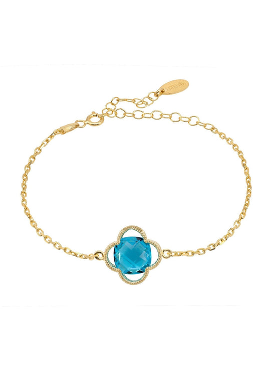 Open Clover Flower Gemstone Bracelet Gold Blue Topaz - lolaluxeshop