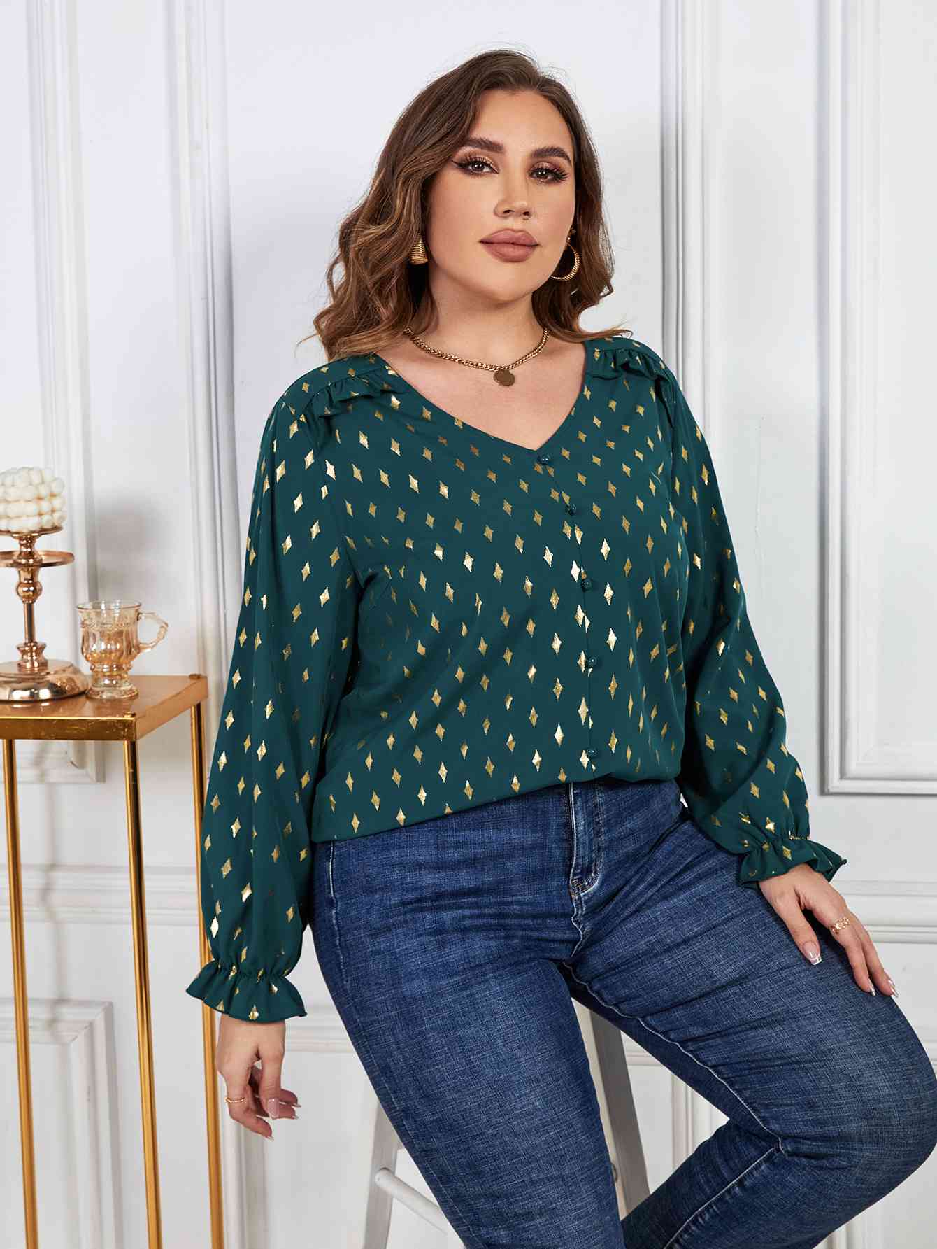 Melo Apparel Plus Size Printed Frill Trim Flounce Sleeve Blouse - lolaluxeshop