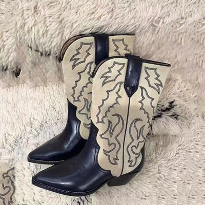 Embroidered Stitch Block Heel Cowboy Boots - lolaluxeshop