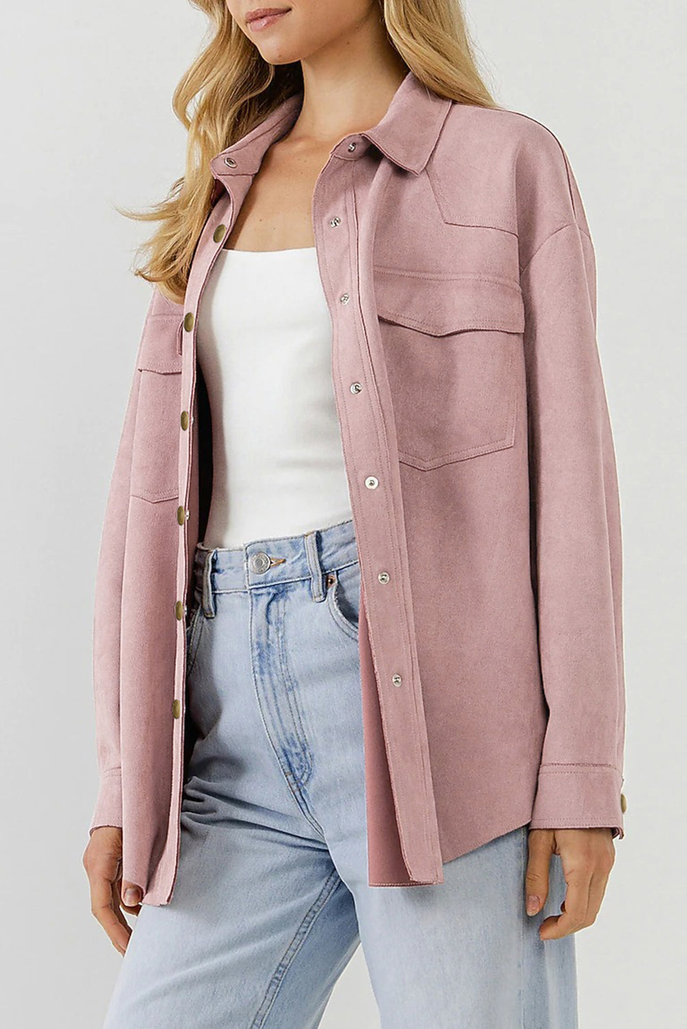 Suede Snap Front Dropped Shoulder Jacket - LOLA LUXE