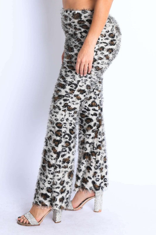 Fur leopard print bell bottom pants - lolaluxeshop